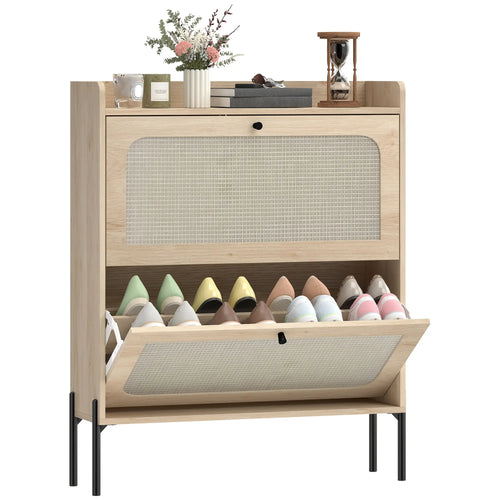 Shoe Cabinet With 2 Flip Drawers, Narrow Storage, Oak