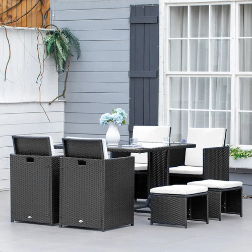 9-Piece Patio Wicker Dining Set, PE Rattan Garden Sofa, White