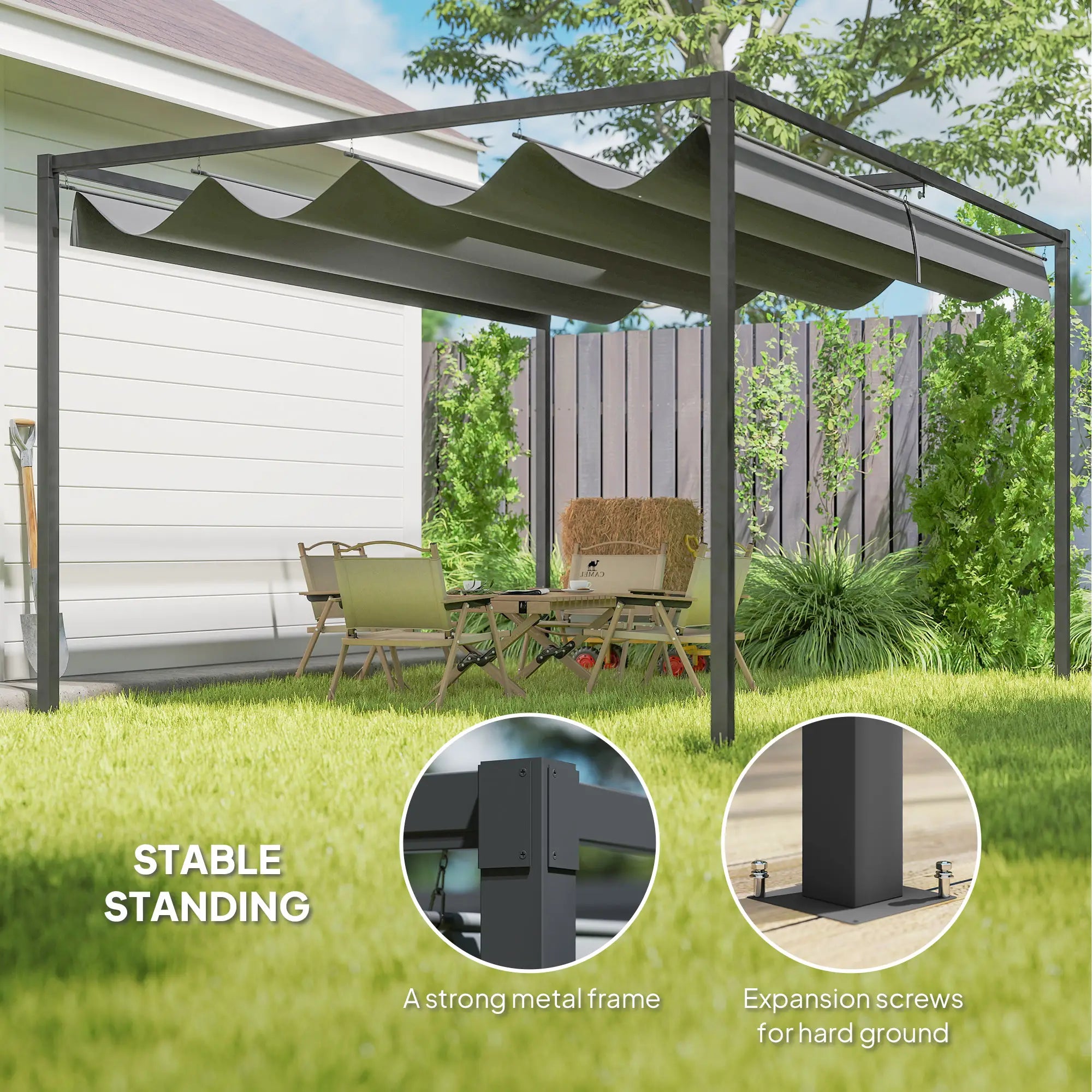 13' x 10' Patio Pergola, Retractable Canopy, Dark Grey Pergolas at Gallery Canada