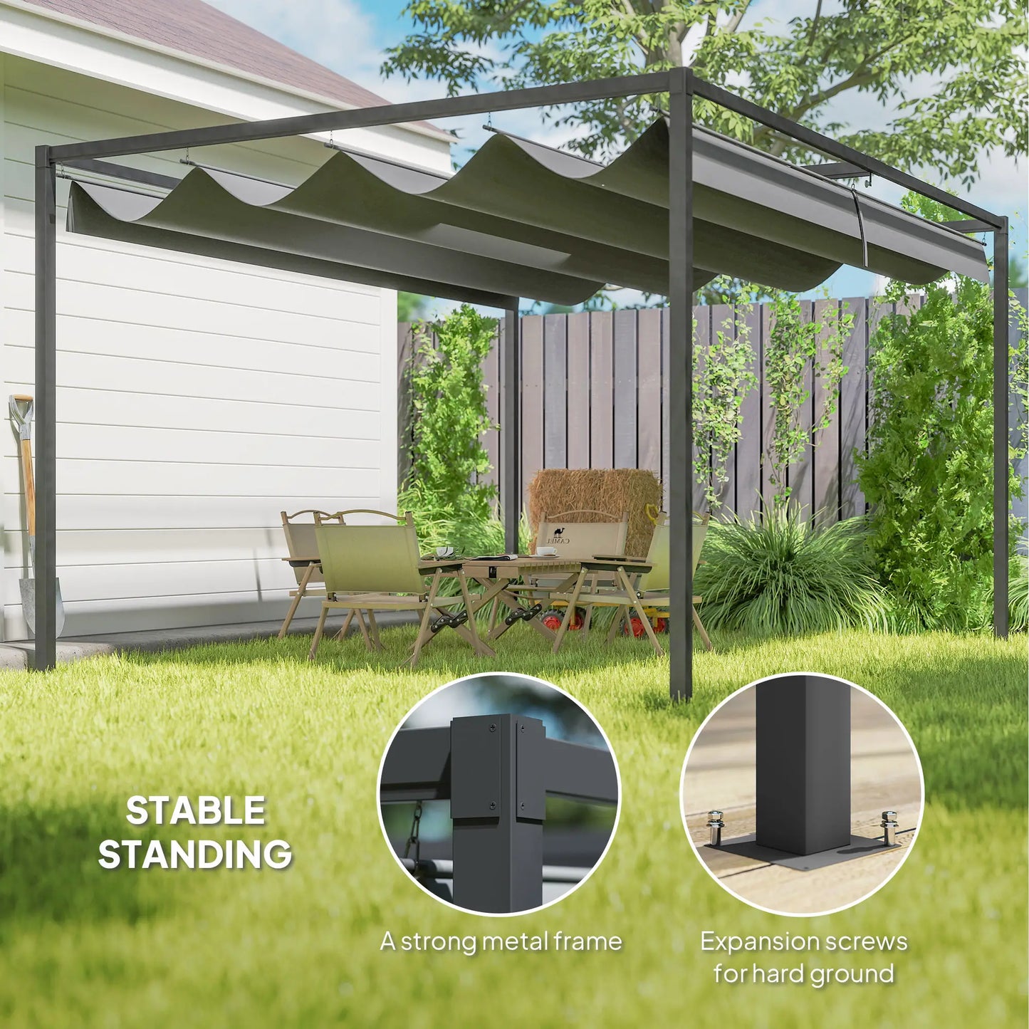 13' x 10' Patio Pergola, Retractable Canopy, Dark Grey Pergolas at Gallery Canada