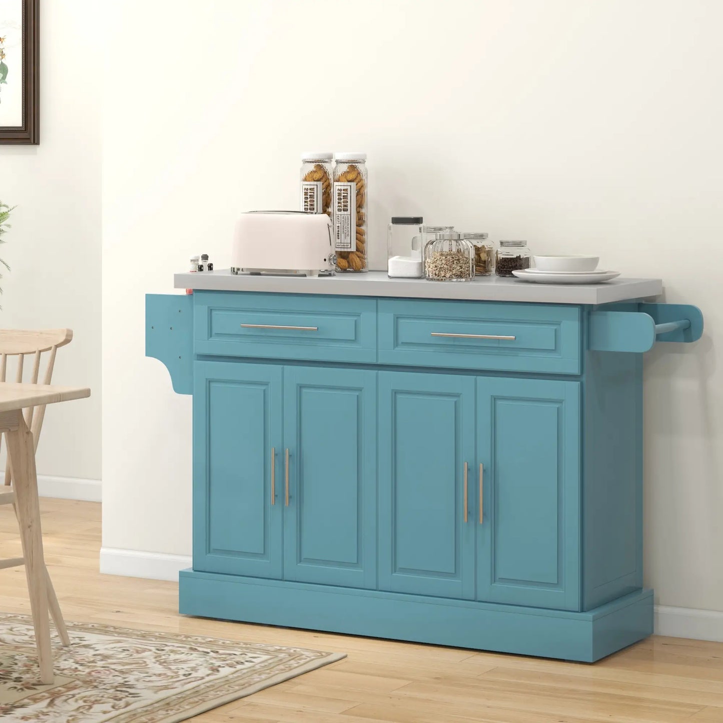Rolling Kitchen Island with Storage, Stainless Steel Top, Light Blue Kitchen Islands & Kitchen Carts at Gallery Canada