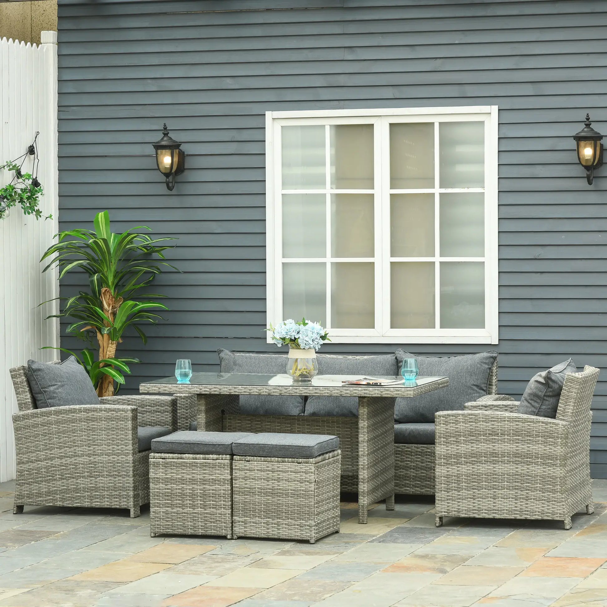 6 Pcs Patio Furniture Set, Rattan Outdoor, 3 Seater Sofa, Armchairs, Footstools, Table, Dark Grey Patio Furniture Sets at Gallery Canada