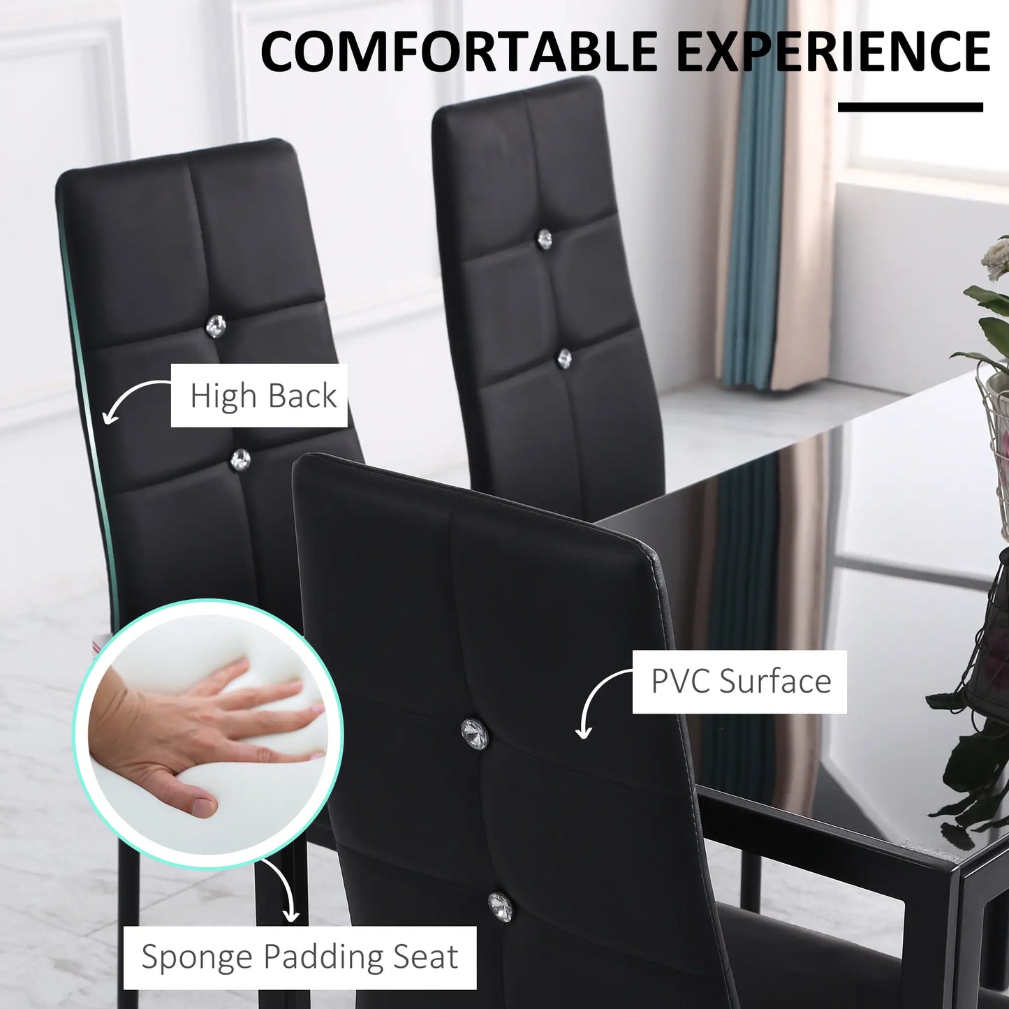 Set of 6 Button Tufted Side Chairs, Upholstered Seat, Steel Legs, Black Dining Chairs at Gallery Canada