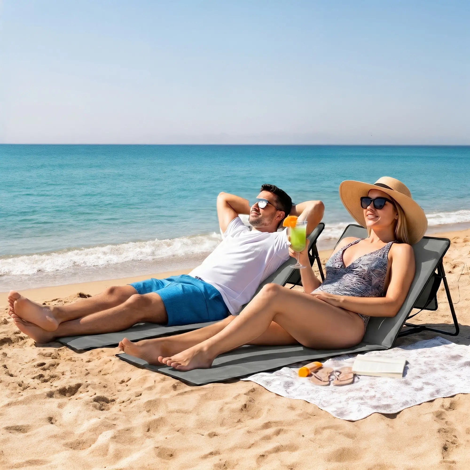 Foldable Lounge Chairs, Adjustable Backrest, Set of 2, Grey Beach Accessories at Gallery Canada