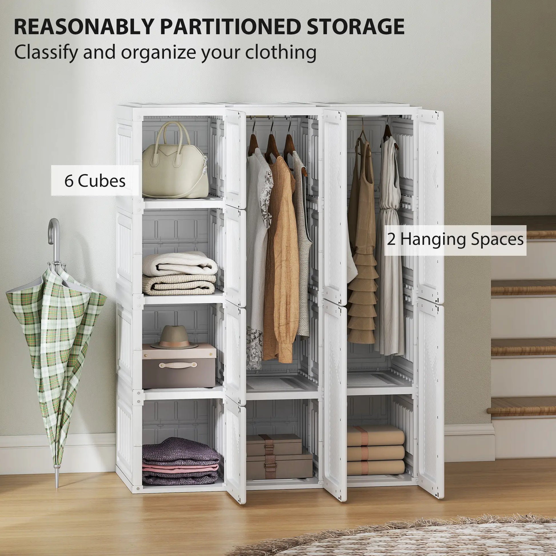 Portable Wardrobe, Foldable Plastic Closet, 8 Compartments, 2 Hanging Rods, White Clothing Storage at Gallery Canada