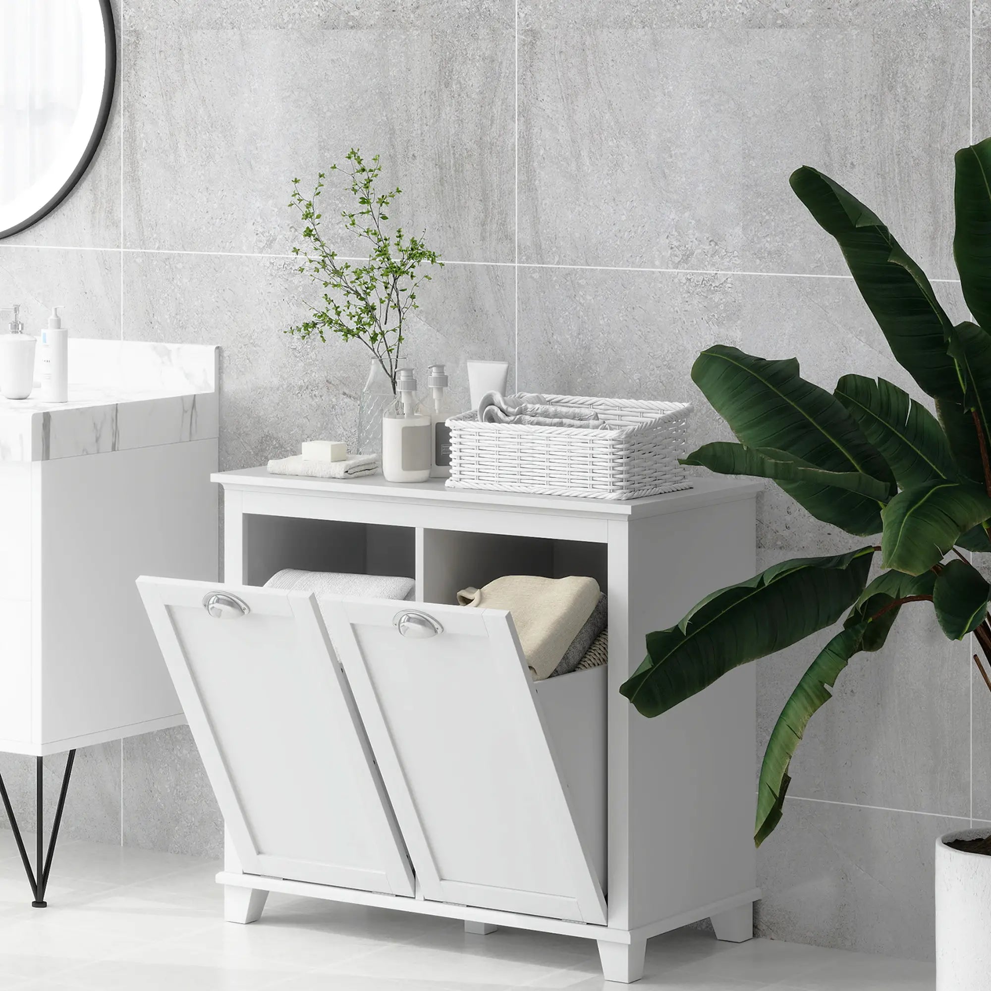 Tilt-Out Laundry Cabinet, Bathroom Organizer, 2-Compartment Hamper, White Bathroom Cabinets at Gallery Canada