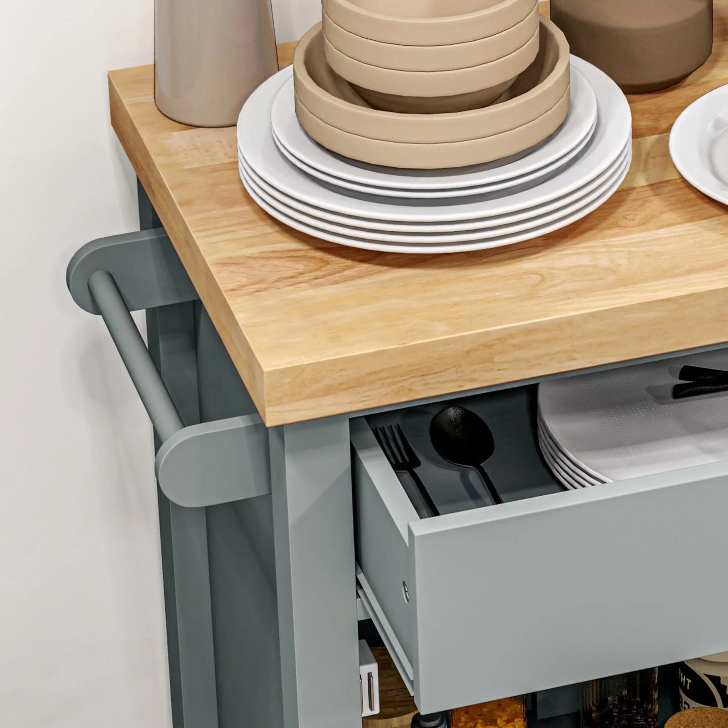 Kitchen Cart on Wheels, Wood Top, Towel Rack, Drawer, Shelf, Grey Kitchen Islands & Kitchen Carts at Gallery Canada