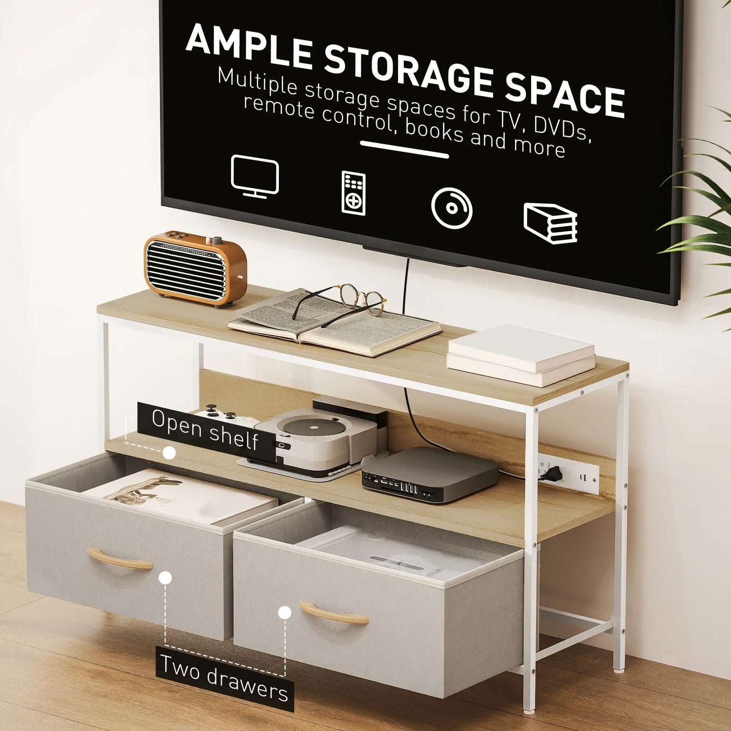 TV Stand With Charging Station, 2 Foldable Drawers, Open Shelf, 47 Inch, Oak TV Stands at Gallery Canada