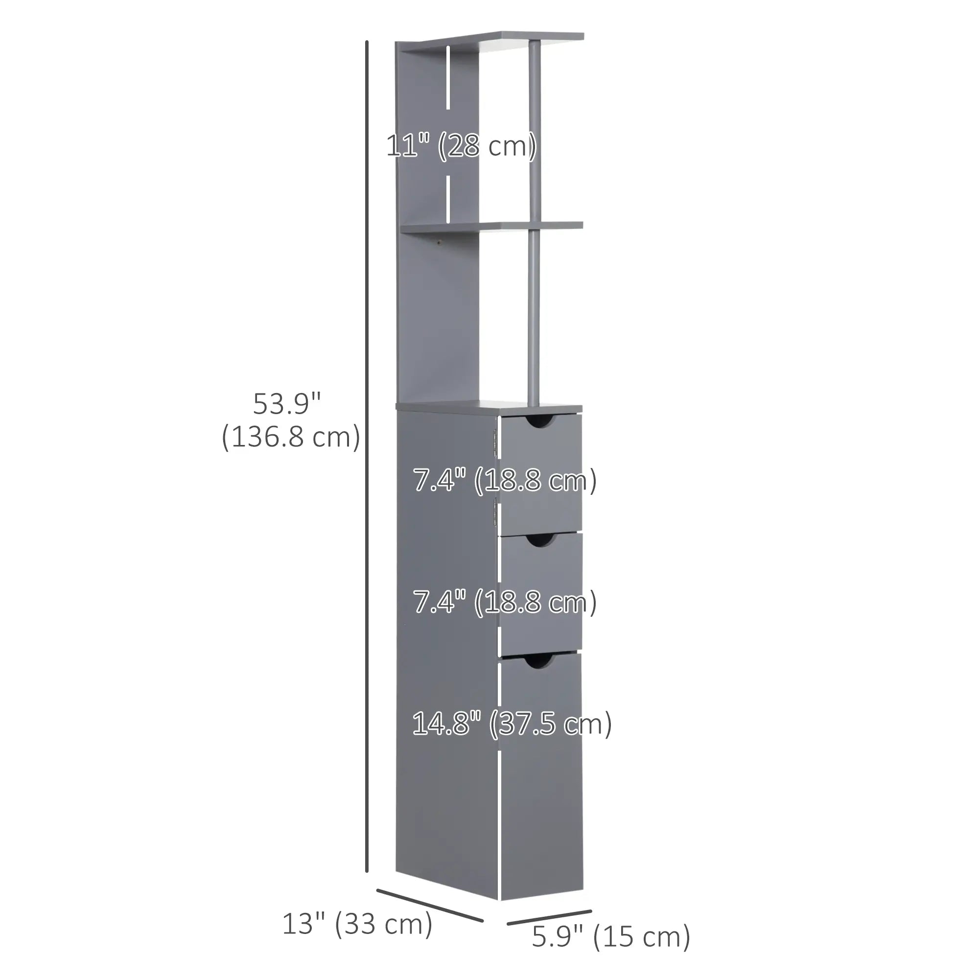 Tall Narrow Bathroom Storage Cabinet with Drawers, Open Shelves, Grey Bathroom Cabinets at Gallery Canada