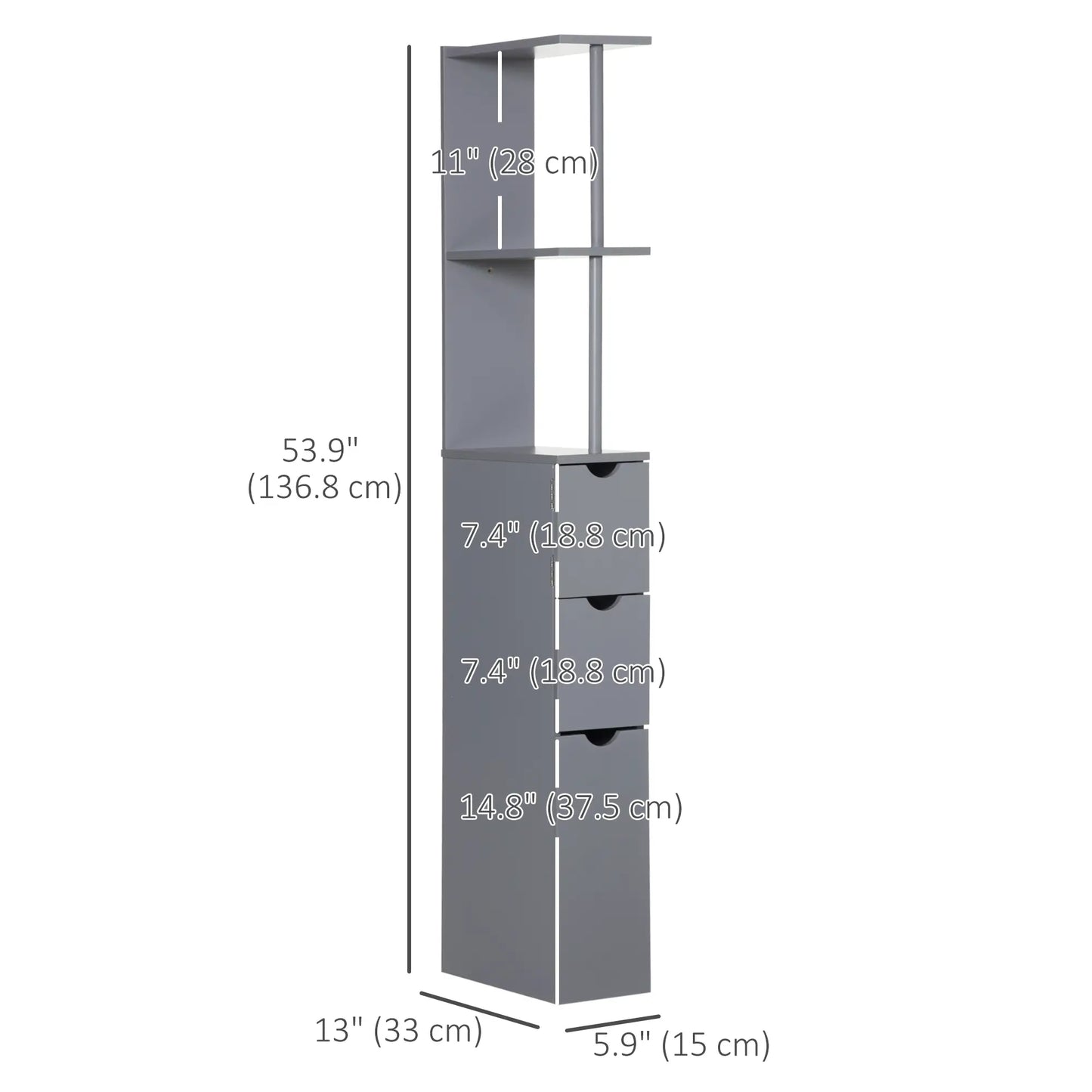 Tall Narrow Bathroom Storage Cabinet with Drawers, Open Shelves, Grey Bathroom Cabinets at Gallery Canada