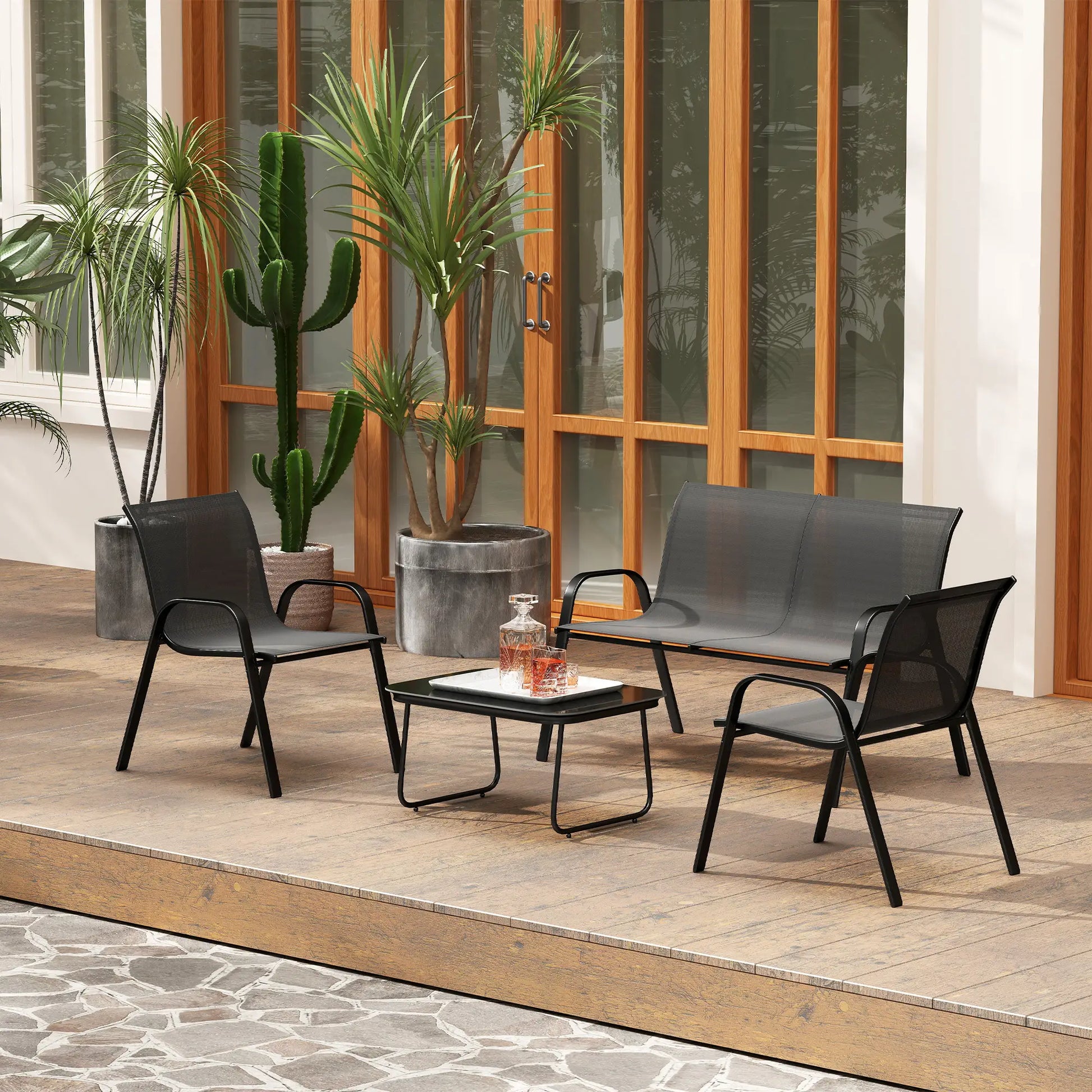 4-Piece Outdoor Furniture Set, 2 Stackable Chairs, Loveseat, Glass Coffee Table, Black Patio Furniture Sets at Gallery Canada