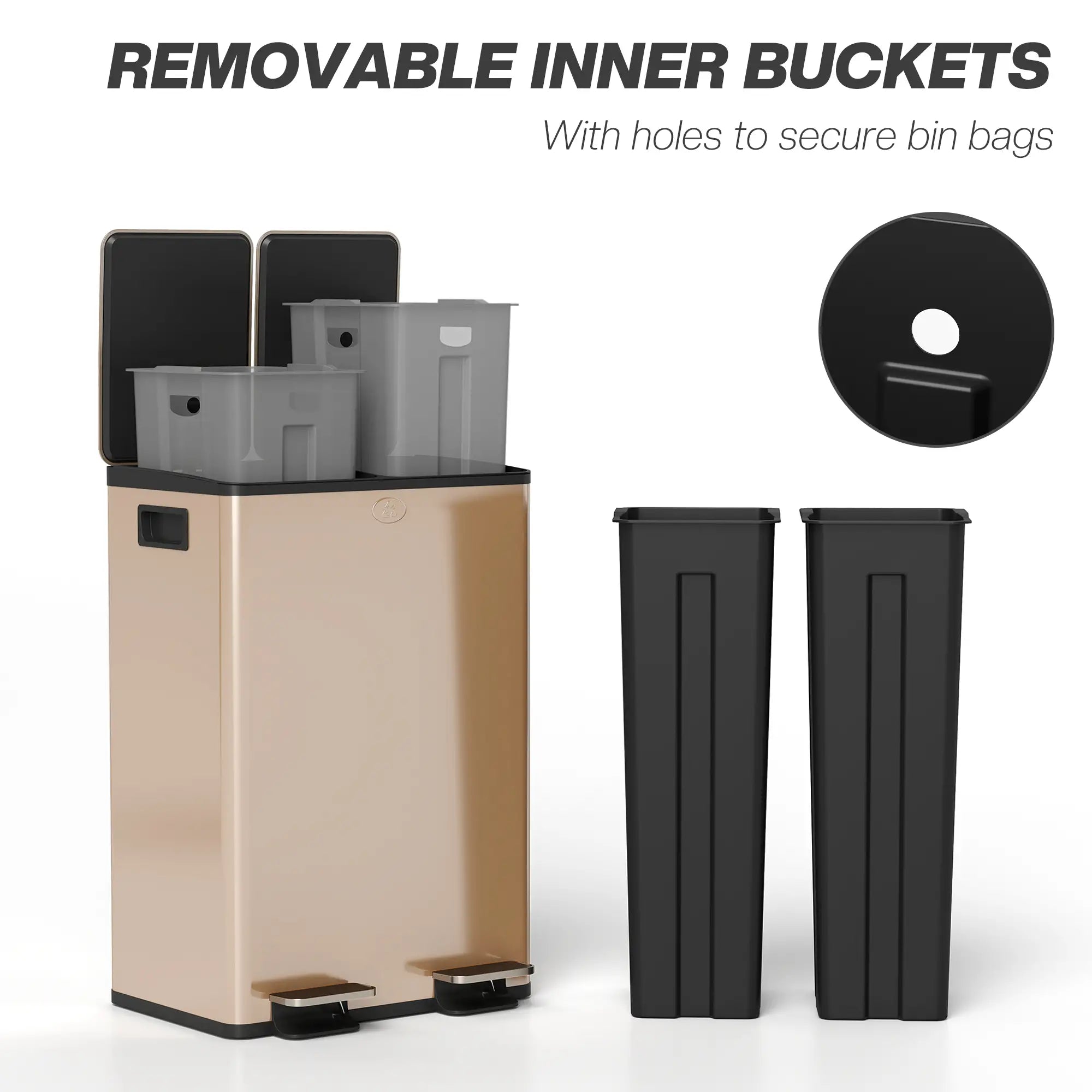 Dual Garbage Bin, Soft-Close Trash Can with Foot Pedal, 2 x 28 Liter Garbage Can with Removable Inner Buckets, Gold Household Supplies at Gallery Canada