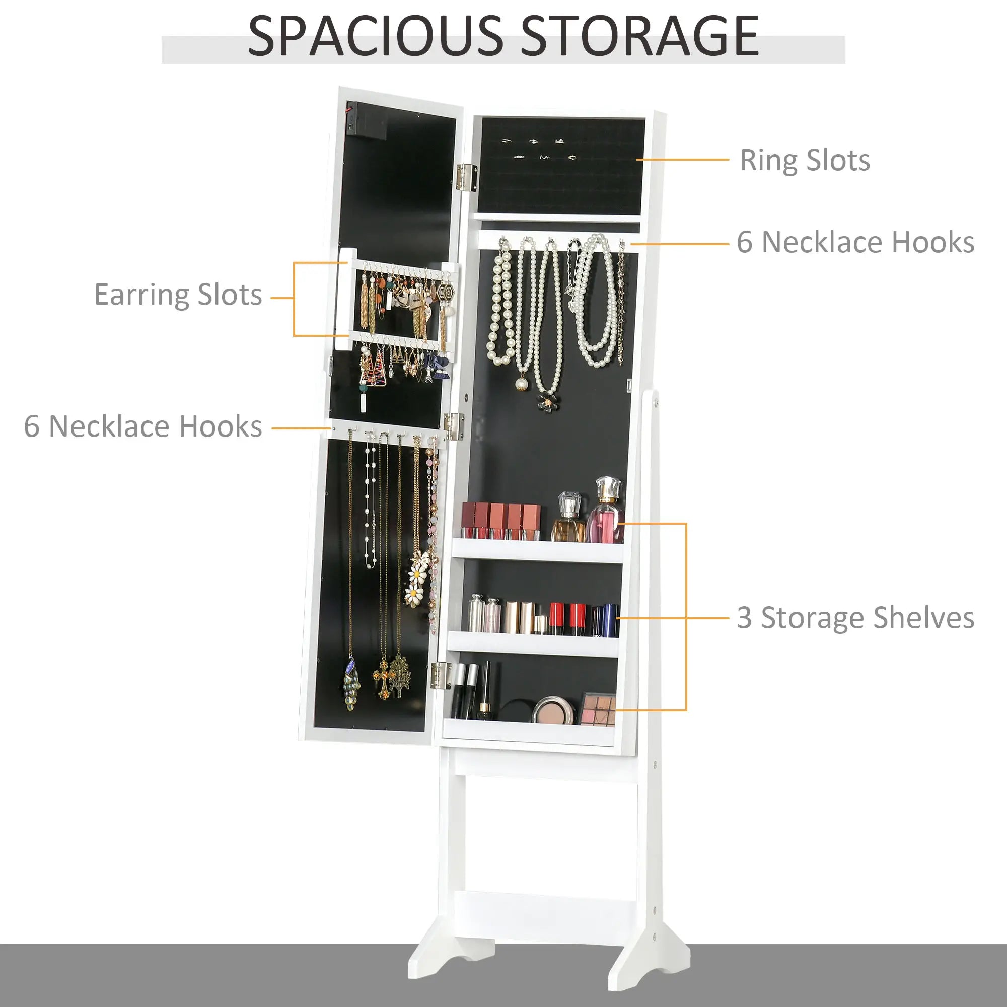 Free Standing Armoire Organizer, Lighted Mirrored Jewelry Cabinet, Angle Adjustable, 16 LED Lights Jewelry Armoire & Jewellery Mirror Cabinets at Gallery Canada