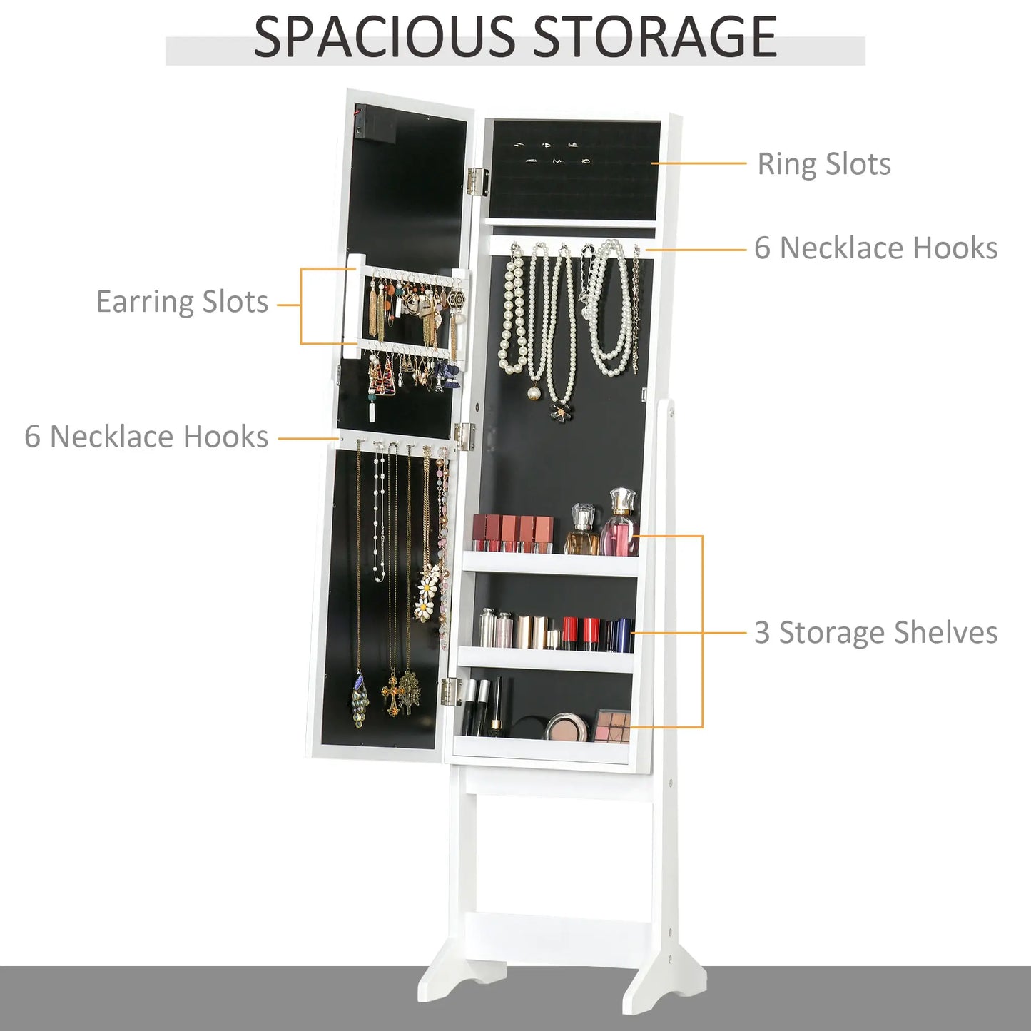 Free Standing Armoire Organizer, Lighted Mirrored Jewelry Cabinet, Angle Adjustable, 16 LED Lights Jewelry Armoire & Jewellery Mirror Cabinets at Gallery Canada