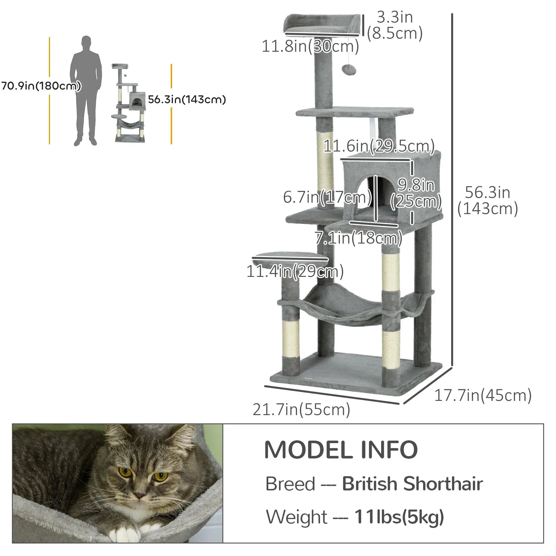 56" Tall Cat Tree, Multi-Level Tower with Hammock, Bed, Condo, Sisal Scratching Posts, Grey Cat Towers at Gallery Canada