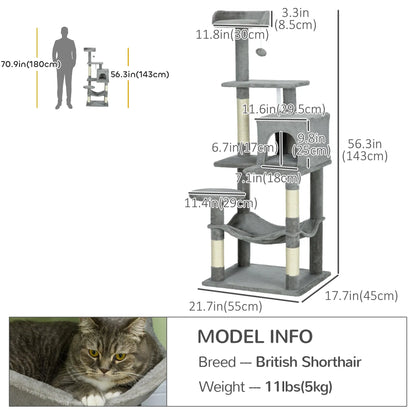 56" Tall Cat Tree, Multi-Level Tower with Hammock, Bed, Condo, Sisal Scratching Posts, Grey Cat Towers at Gallery Canada