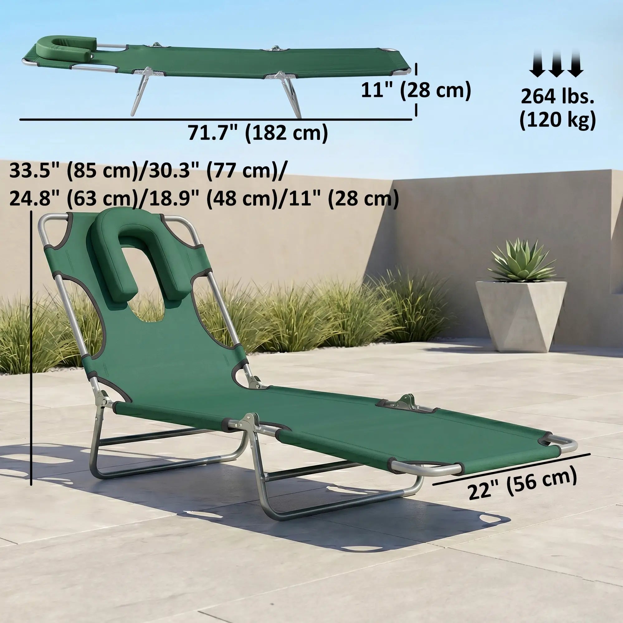 Outdoor Lounge Chair, Adjustable Folding Chaise, Green Lounger Chairs at Gallery Canada