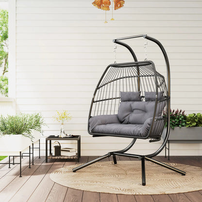 Double Wicker Egg Swing Chair, Foldable with Stand, UV Resistant Cushion, Headrest, Dark Grey Patio Swings with Stand at Gallery Canada