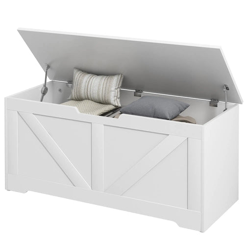39.4 Inches Wooden Storage Chest, 2 Safety Hinges, White Wood Grain