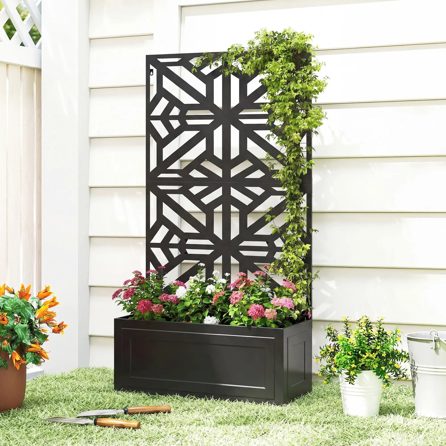 Lit de jardin surélevé en métal avec treillis pour plantes grimpantes, 53x22x66 po