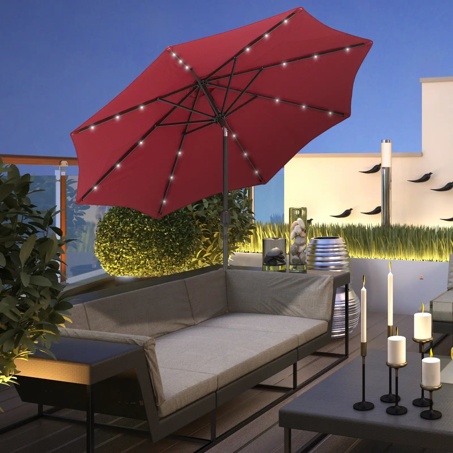 9ft Solar Patio Umbrella, 24 LED Lights, Tilt Canopy, Wine Red Sun Umbrellas at Gallery Canada