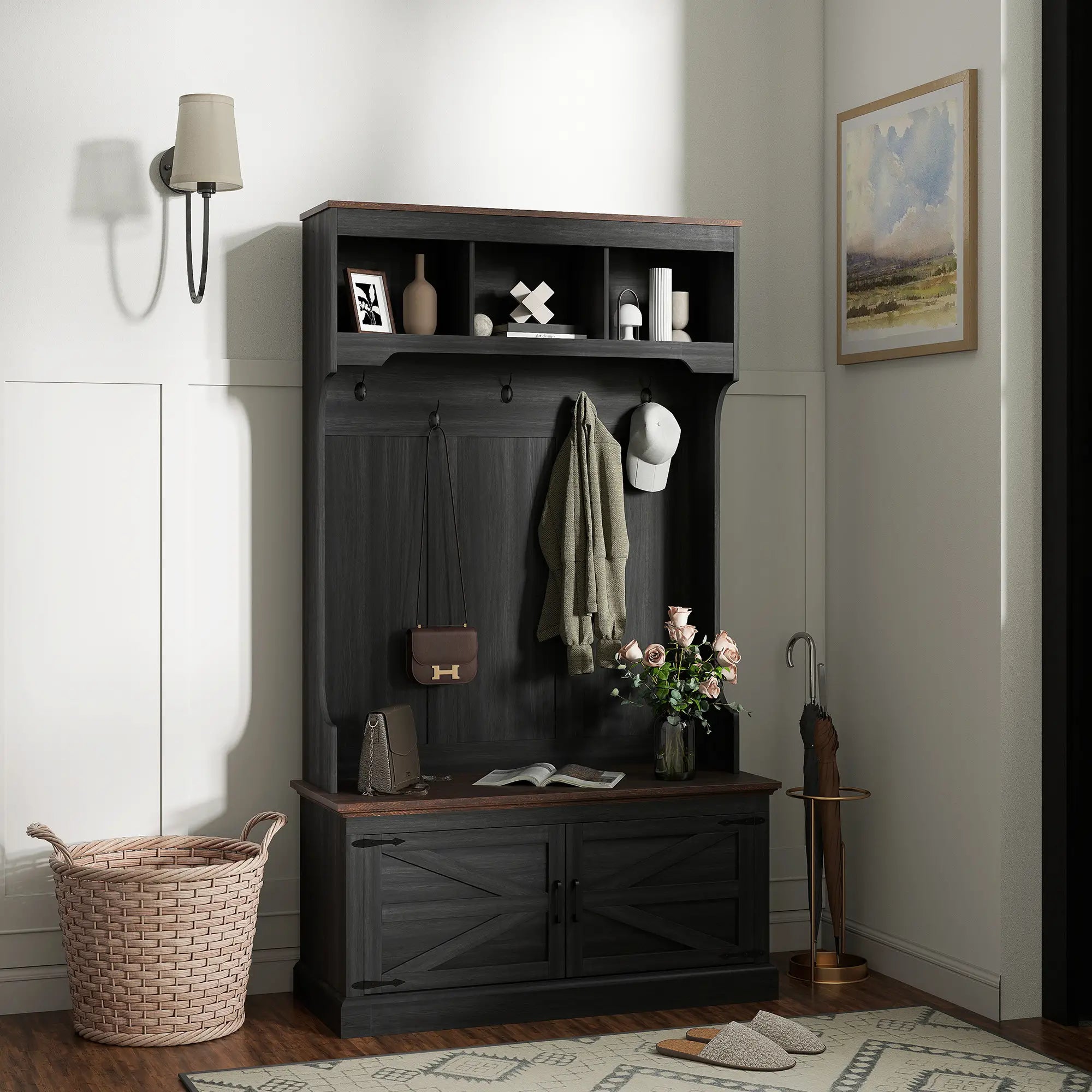 3-in-1 Hall Tree with Bench, Coat Rack, Shoe Storage, Distressed, Black Clothing Storage at Gallery Canada