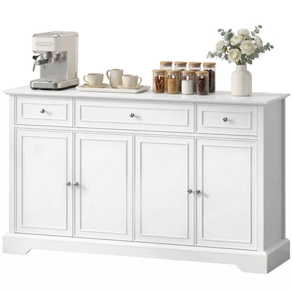 54" Sideboard Buffet Cabinet, Soft-Close Doors, 3 Drawers, White Bar Cabinets White at Gallery Canada
