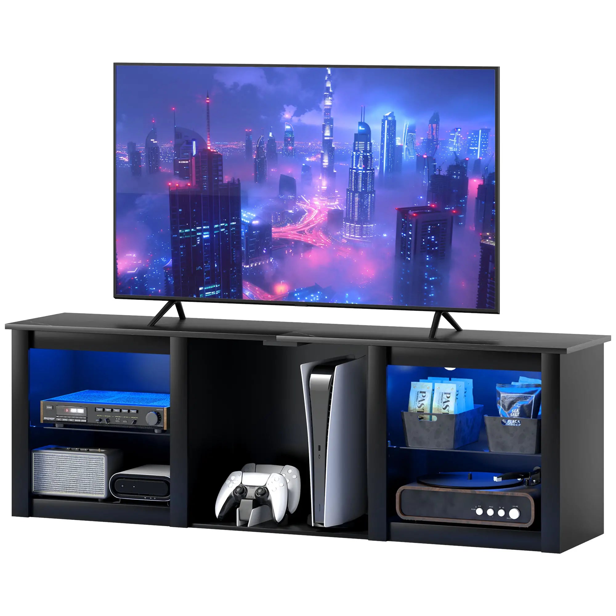 TV Stand With LED Lights, Adjustable Glass Shelves, For 65 Inch TVs, Black