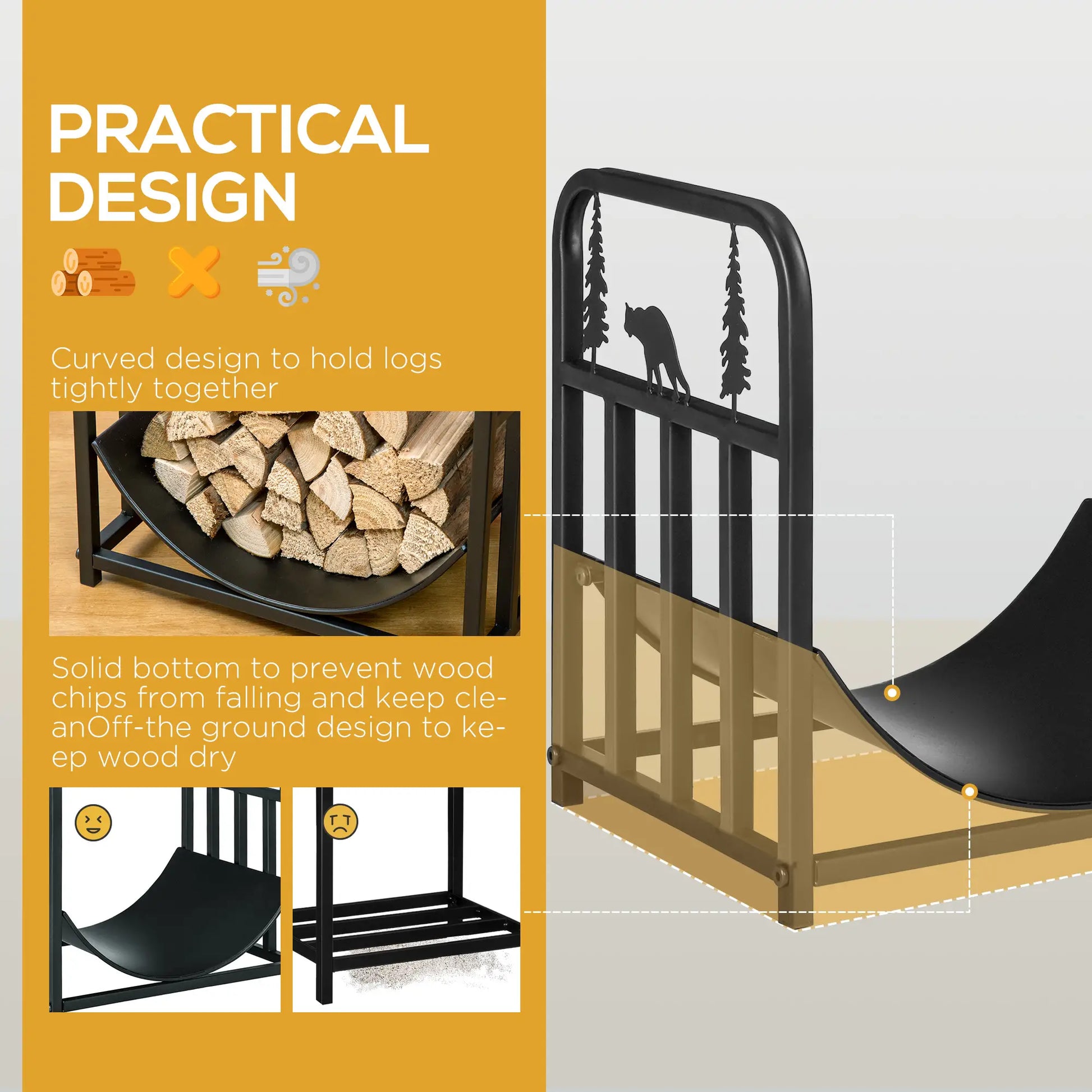 Curved Firewood Rack, Bear Pine Tree Design, 17 Inch, 110 Lbs., Black Firewood Racks at Gallery Canada