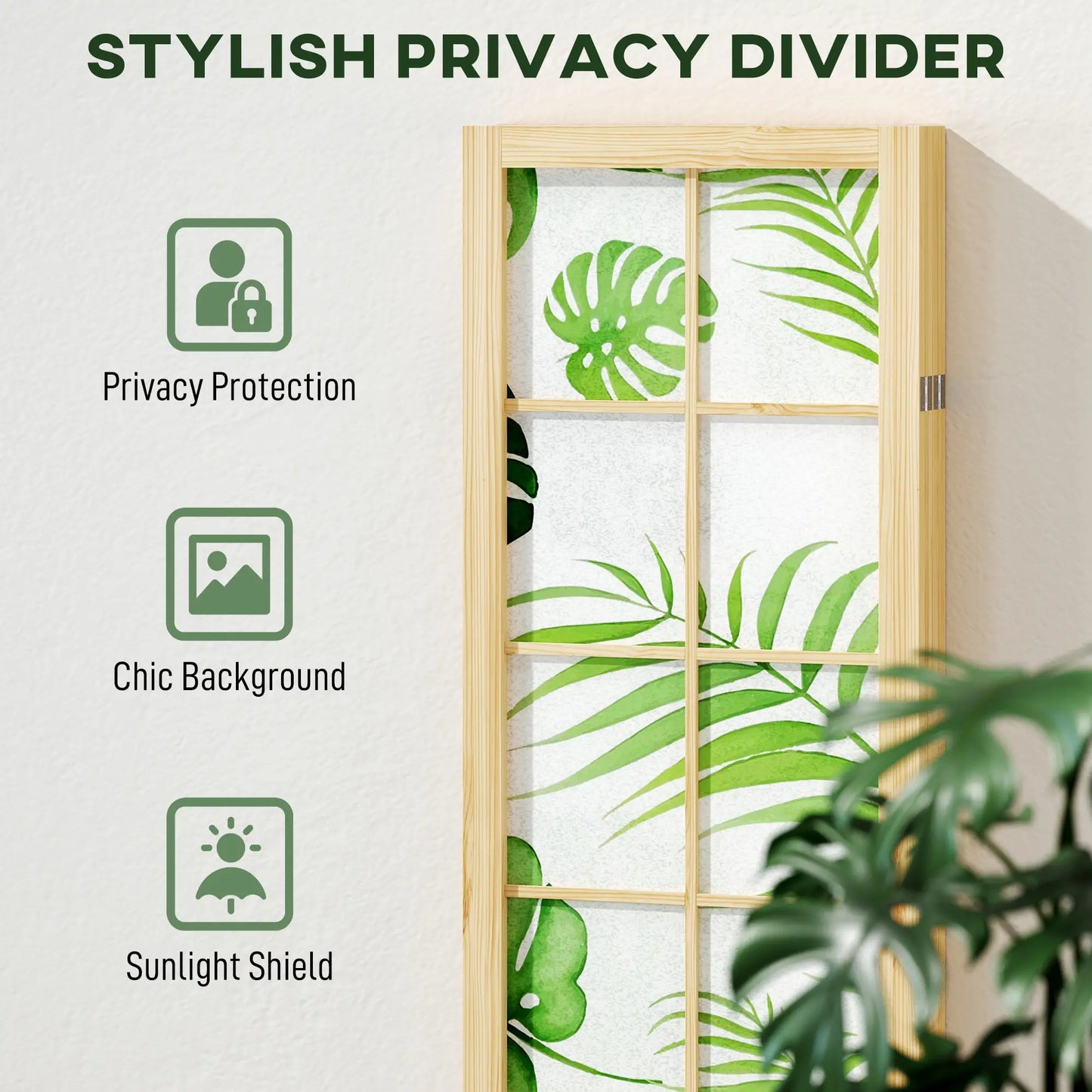 4 Panel Folding Privacy Screen, 67" Palm Leaf Design, Natural Green, Green Room Dividers at Gallery Canada