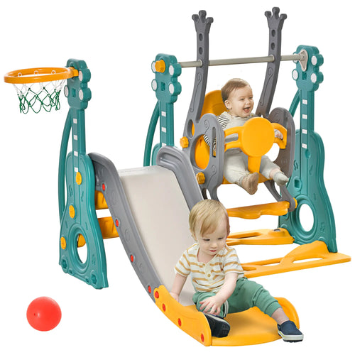4-in-1 Kids Slide, Swing Set, Basketball Hoop, Adjustable Seat