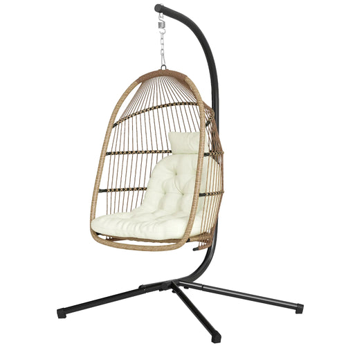 Foldable Wicker Egg Swing Chair, With Stand And UV Cushion, Beige
