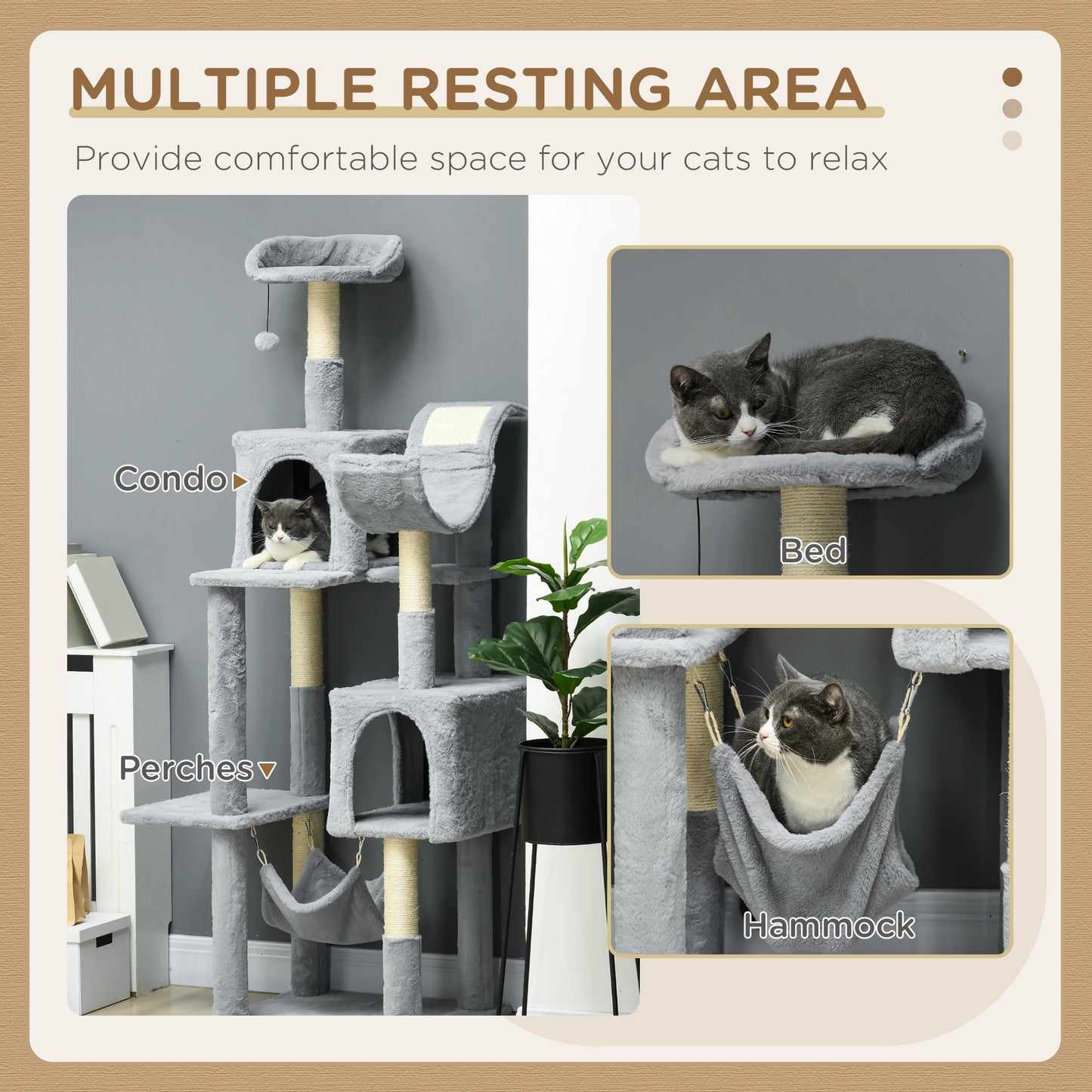 70" Tall Cat Tree, Multi-Level Tower with Hammock, Bed, Condo, Sisal Scratching Posts, Bluish Grey Cat Towers at Gallery Canada