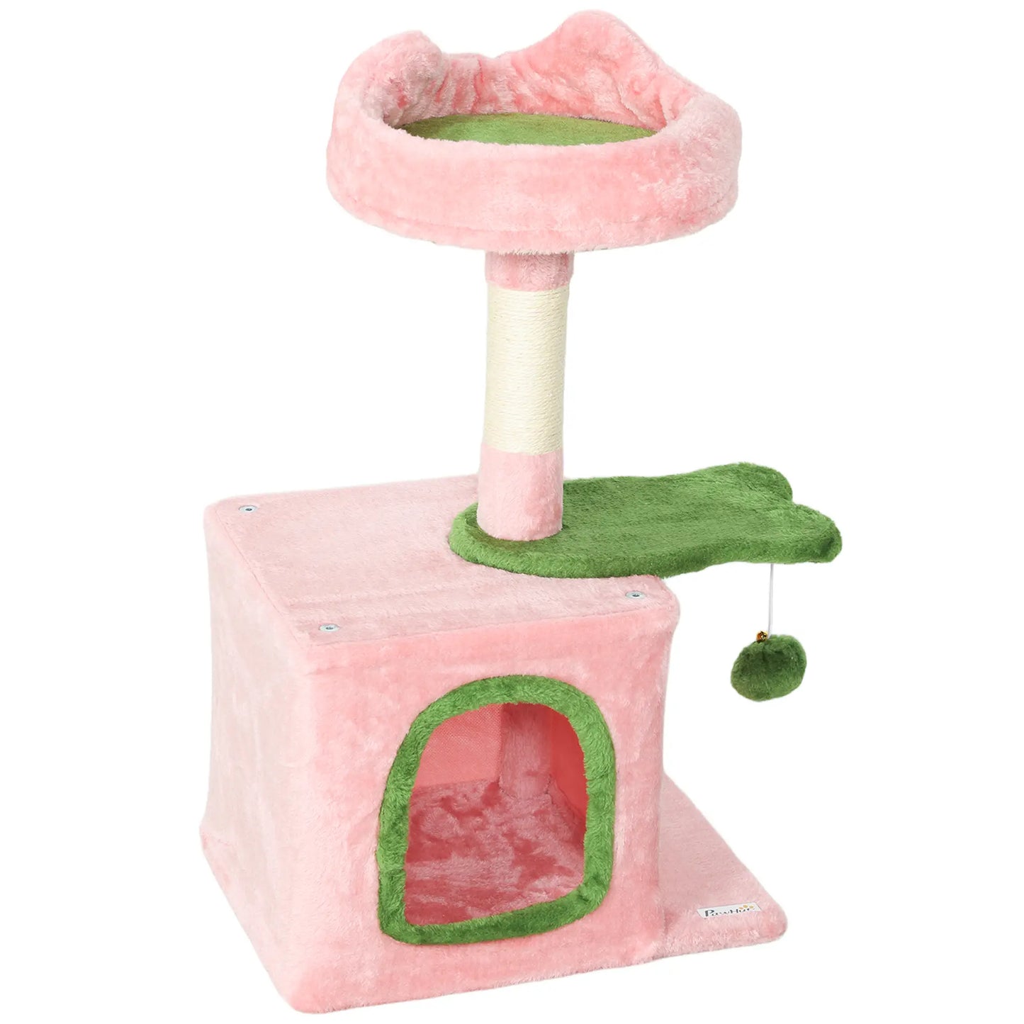 28 Inch Cat Tree Tower with Plush Bed, Condo, Scratching Post, Pink & Green Cat Posts Pink, Green at Gallery Canada