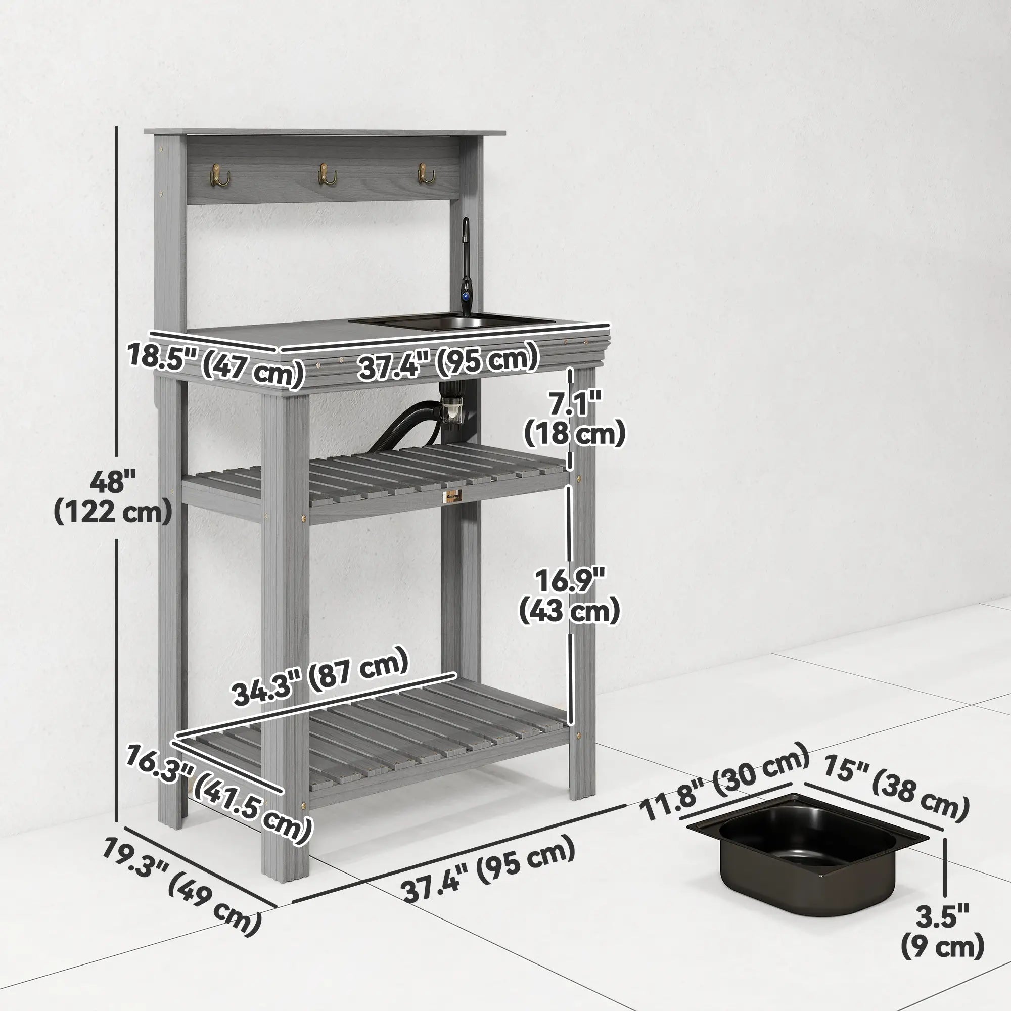 Outdoor Potting Bench With Faucet, Removable Sink, Hooks, Storage Shelves, Grey Potting Benches & Tables at Gallery Canada
