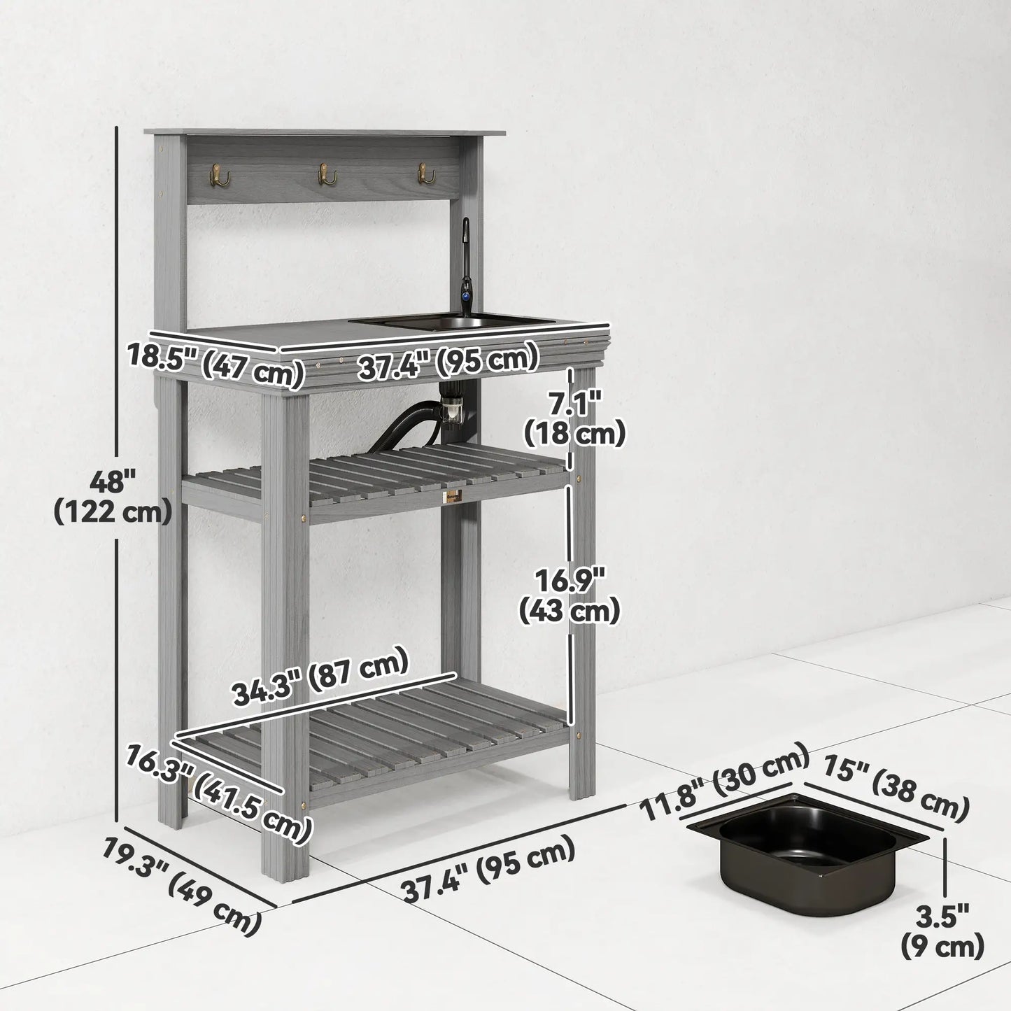 Outdoor Potting Bench With Faucet, Removable Sink, Hooks, Storage Shelves, Grey Potting Benches & Tables at Gallery Canada