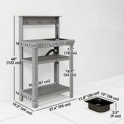 Outdoor Potting Bench With Faucet, Removable Sink, Hooks, Storage Shelves, Grey Potting Benches & Tables at Gallery Canada