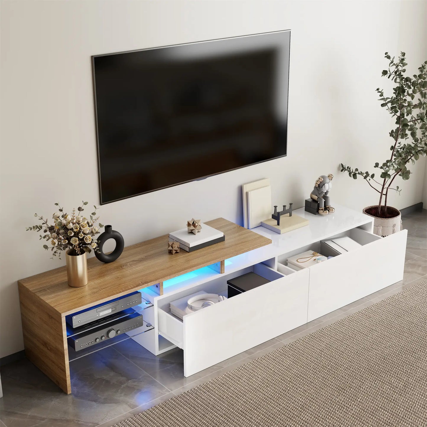 TV Stand With Glass Shelves, LED Lighting, 67" L x 13" W x 13" H, Natural, White TV Stands at Gallery Canada