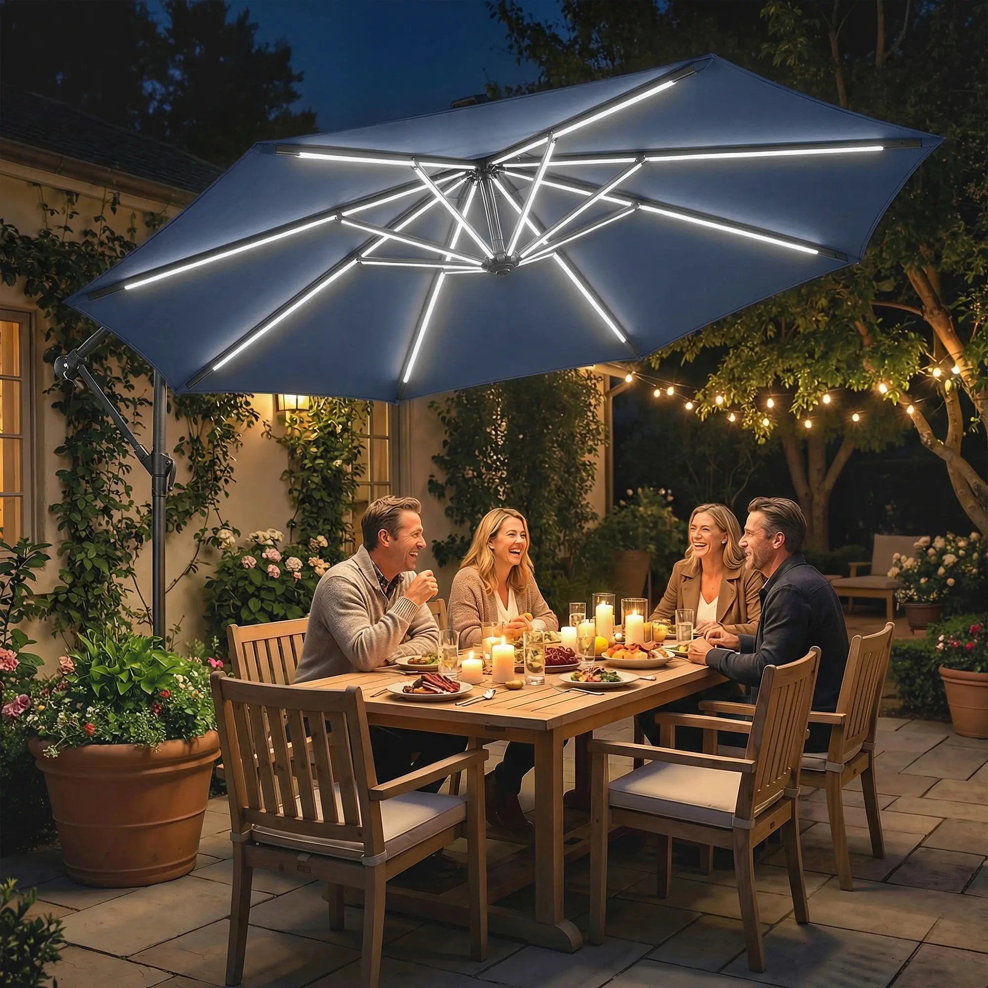 10 ft Offset Patio Umbrella, Solar Light, 360° Rotation, Tilt, Cover, Navy Blue Offset Cantilever Umbrellas at Gallery Canada