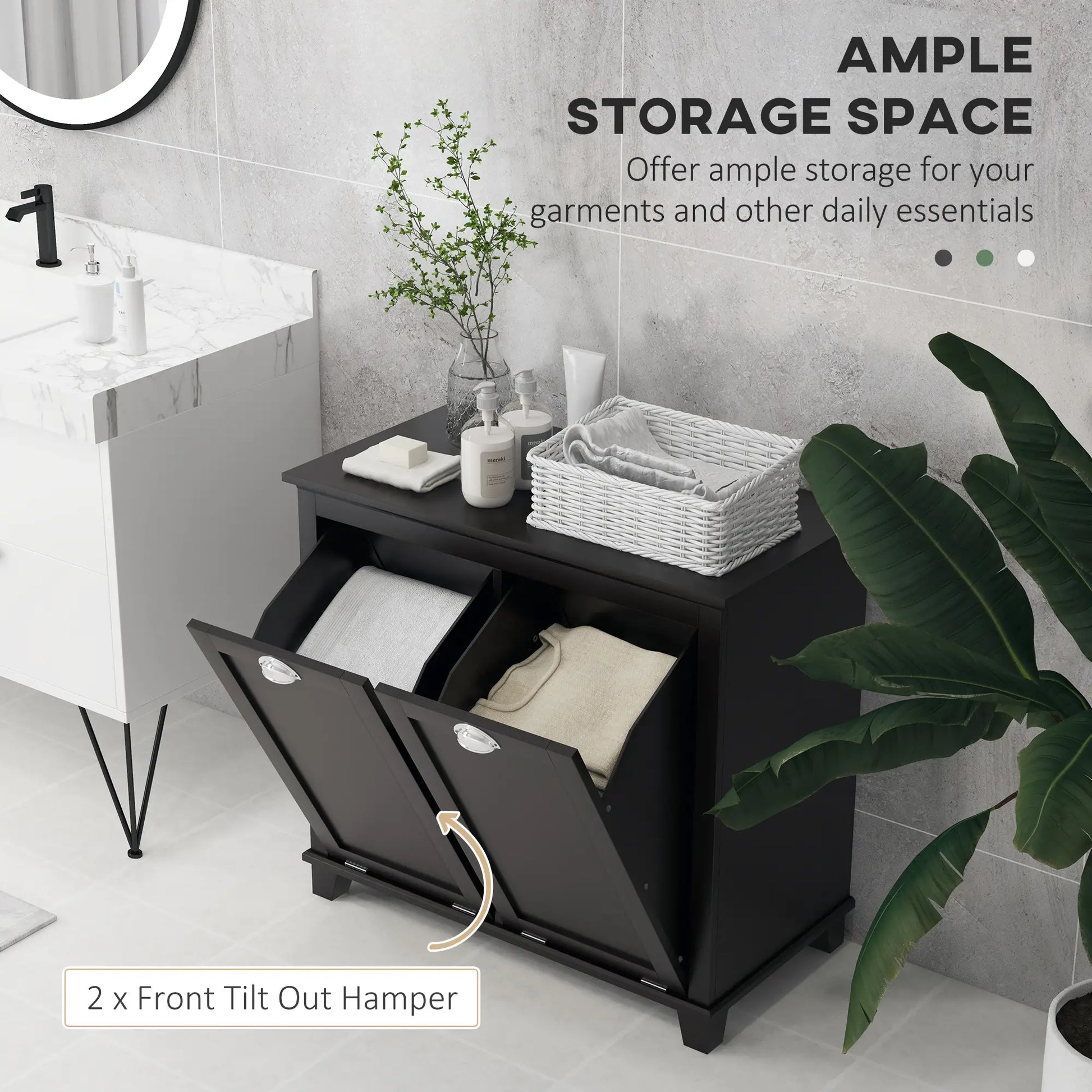 Tilt-Out Laundry Cabinet, Bathroom Organizer with Two-Compartment Hamper, Black Bathroom Cabinets at Gallery Canada