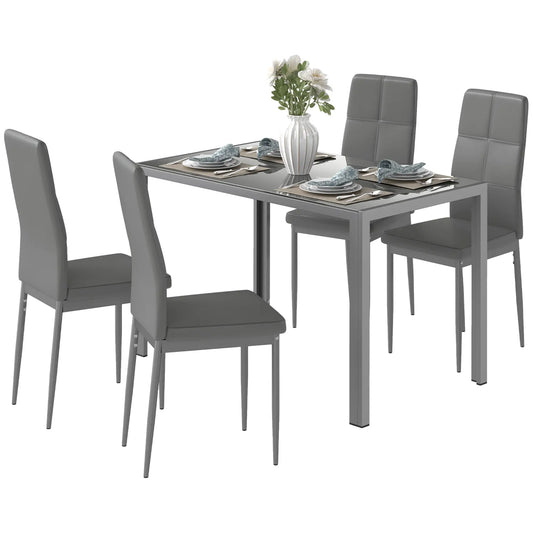 Table à manger rectangulaire en verre 3 pièces, cadre en métal, chaises en similicuir, gris