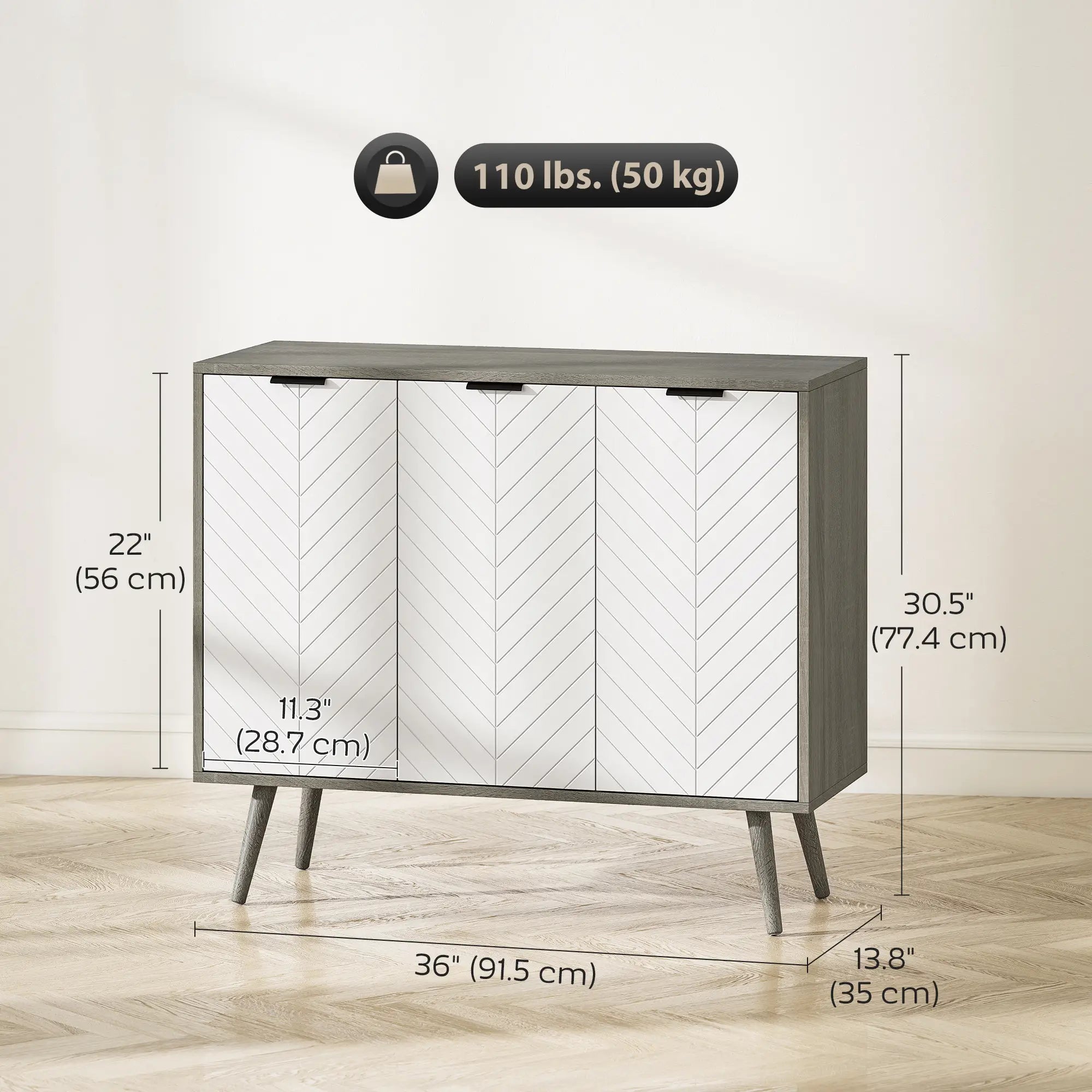 Modern Sideboard Buffet, Dining Room Cabinet, Adjustable Shelves, 3 Doors, Grey Storage Cabinets at Gallery Canada