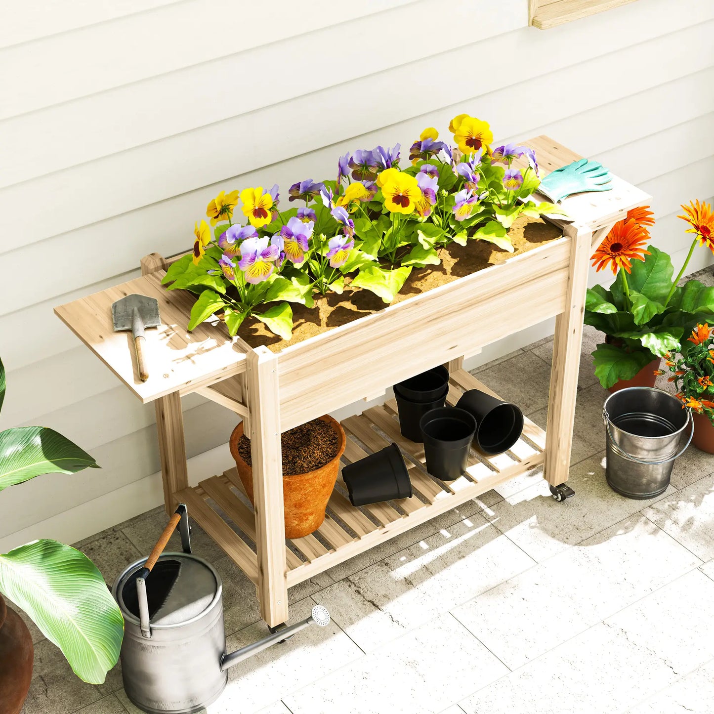 Raised Garden Bed, Wood Planter Box with Wheels, Side Tables, Natural Raised Garden Beds at Gallery Canada