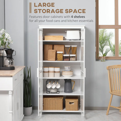 Freestanding Kitchen Pantry, 5-Tier Storage Cabinet, Adjustable Shelves, 2 Glass Doors, White
