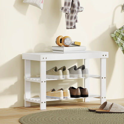 Bamboo Shoe Storage Bench, 3-Tier, 2 Shelves, Holds 6 Pairs, White
