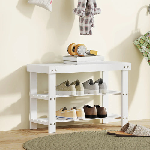 Bamboo Shoe Storage Bench, 3-Tier, 2 Shelves, Holds 6 Pairs, White