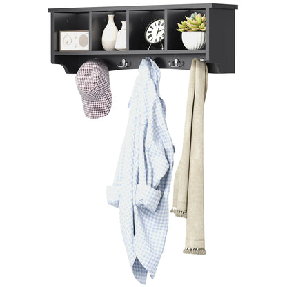 Wall Mount Coat Rack with Shelf, 28", 5 Hooks, 4 Compartments, Black