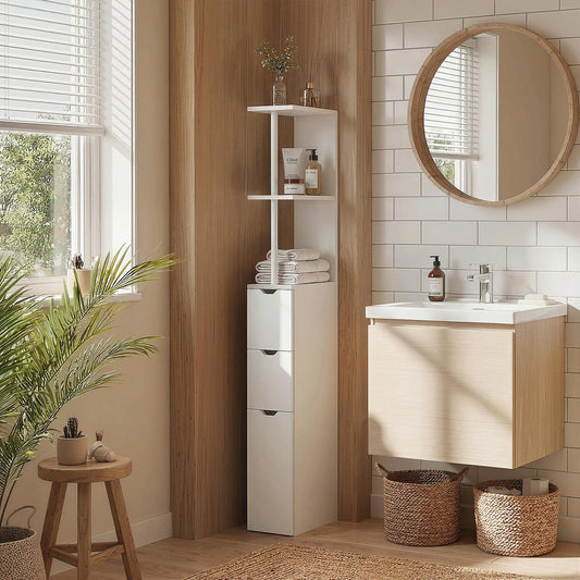 Tall Narrow Bathroom Storage Cabinet, Drawers and Open Shelves, White Bathroom Cabinets White at Gallery Canada