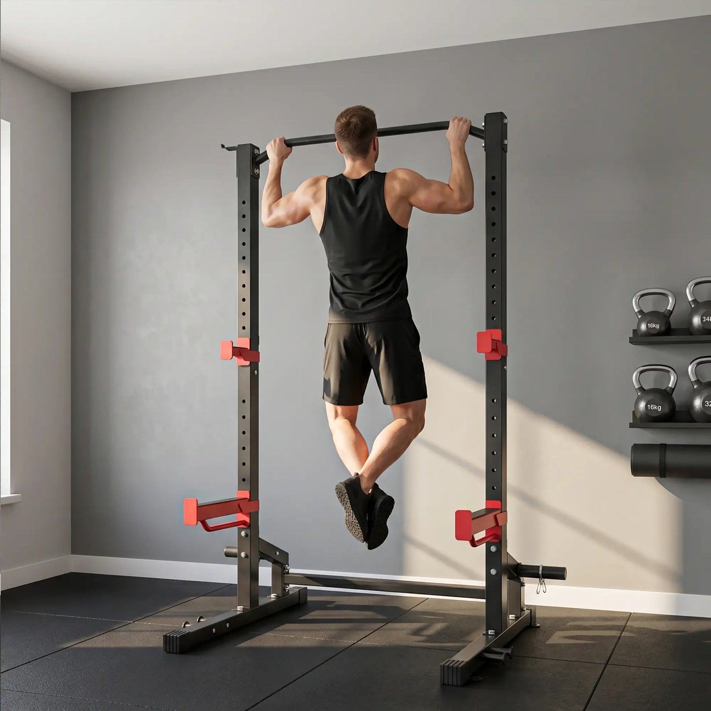 Power Cage Squat Rack, 1100LB, Pull-Up Bar, J-Hooks, Plate Storage