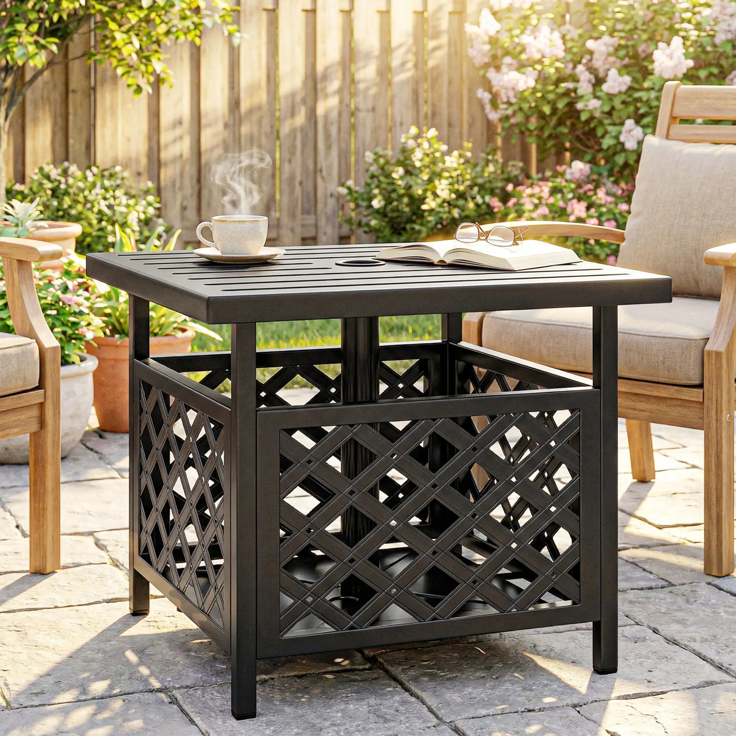 22" Outdoor Coffee Table, Metal Top, Slatted, Black Patio Side Tables at Gallery Canada
